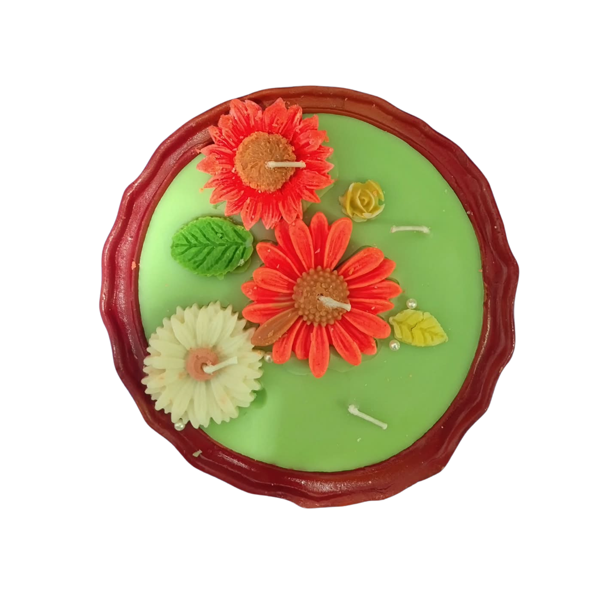 Saffron Shelf Terracotta 6 Inch Floral Decorative Scented Candle, Handcrafted Red Orange & Ivory Flower Design with Green Leaf Accents, Bright Green Soy Wax Candle for Home Décor, Table Decoration, Festive Celebrations & Gifting – Pack of 1