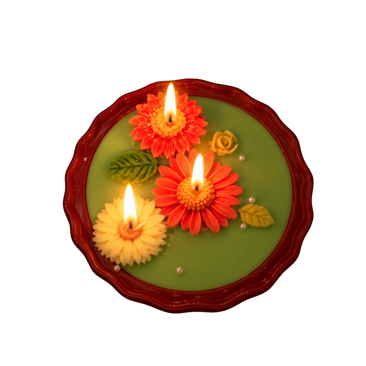 Saffron Shelf Terracotta 6 Inch Floral Decorative Scented Candle, Handcrafted Red Orange & Ivory Flower Design with Green Leaf Accents, Bright Green Soy Wax Candle for Home Décor, Table Decoration, Festive Celebrations & Gifting – Pack of 1