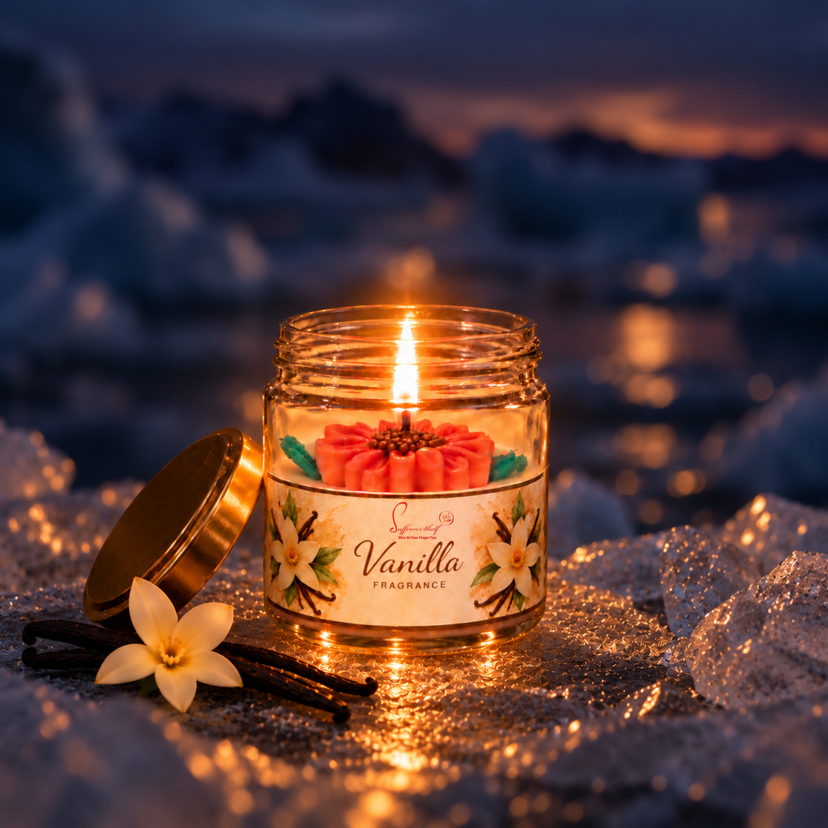 Saffron Shelf Vanilla Scented Decorative Jar Candle with Floral Design | Soy Wax Style Candle for Home Décor, Relaxation, Festive Decoration & Gifting | 150 gm