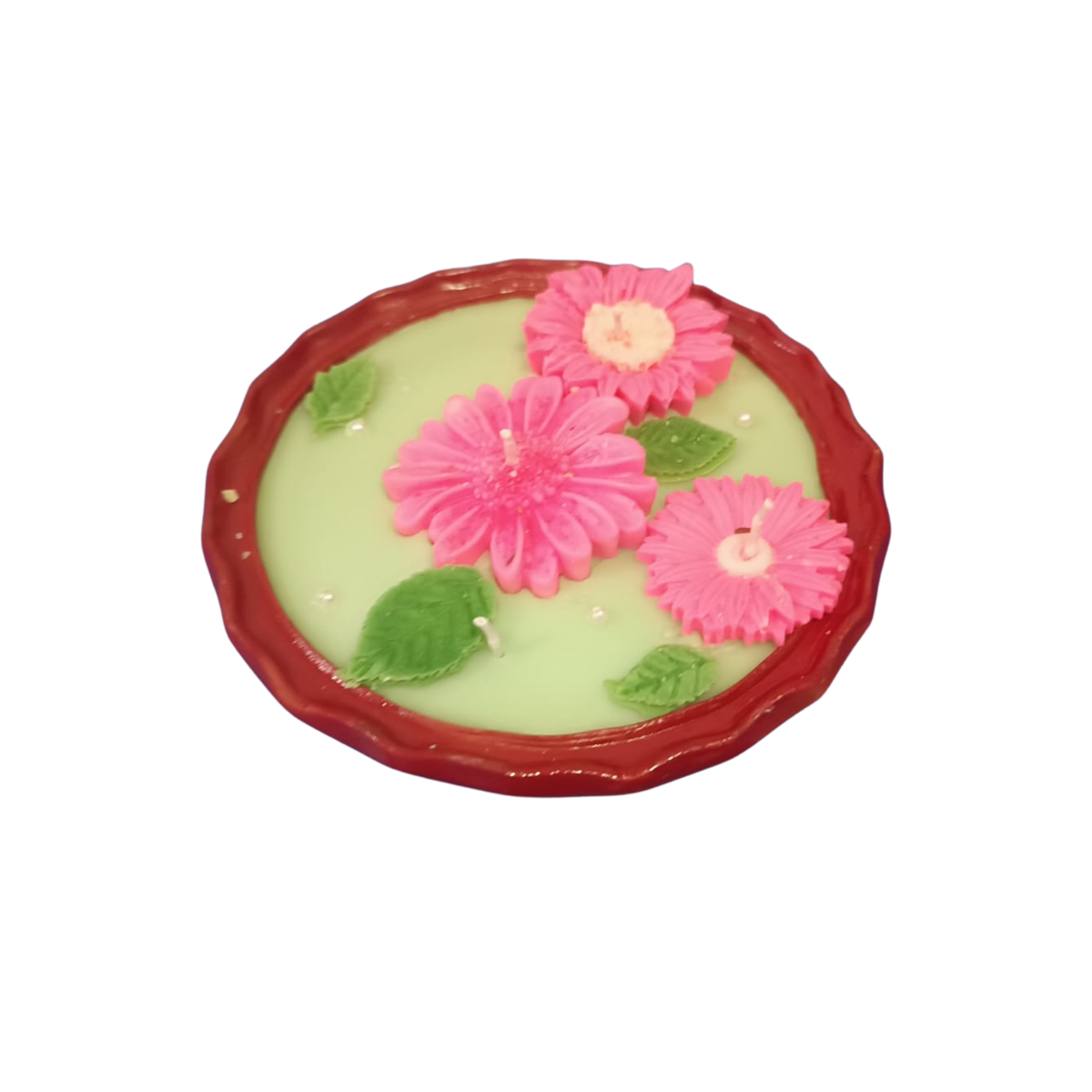 Saffron Shelf Terracotta 6 Inch Floral Decorative Scented Candle, Handcrafted Pink Flower Design with Green Leaf Accents, Mint Green Soy Wax Candle for Home Décor, Table Decoration, Festive Celebrations & Gifting – Pack of 1