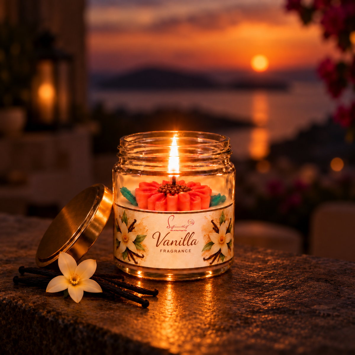 Saffron Shelf Vanilla Scented Decorative Jar Candle with Floral Design | Soy Wax Style Candle for Home Décor, Relaxation, Festive Decoration & Gifting | 150 gm