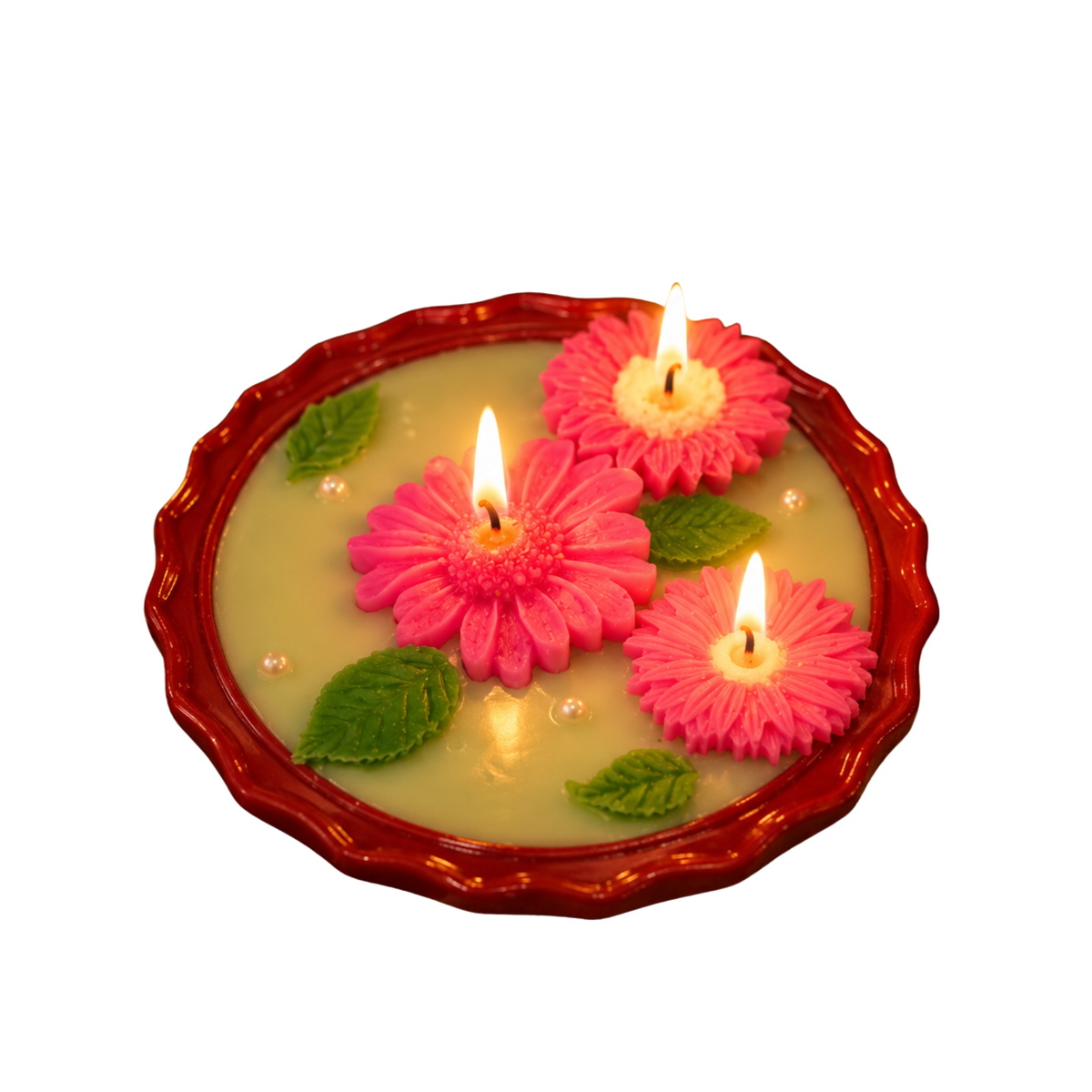 Saffron Shelf Terracotta 6 Inch Floral Decorative Scented Candle, Handcrafted Pink Flower Design with Green Leaf Accents, Mint Green Soy Wax Candle for Home Décor, Table Decoration, Festive Celebrations & Gifting – Pack of 1