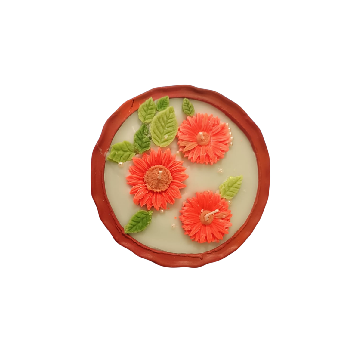 Saffron Shelf Terracotta 6 Inch Floral Decorative Scented Candle, Handcrafted Coral Orange Flower Design Candle with Green Leaf Accents for Home Décor, Table Decoration, Festive Celebrations & Gifting – Pack of 1