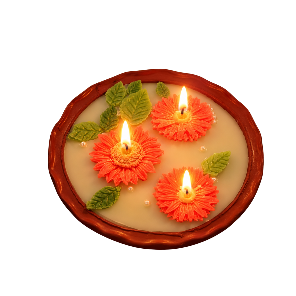 Saffron Shelf Terracotta 6 Inch Floral Decorative Scented Candle, Handcrafted Coral Orange Flower Design Candle with Green Leaf Accents for Home Décor, Table Decoration, Festive Celebrations & Gifting – Pack of 1