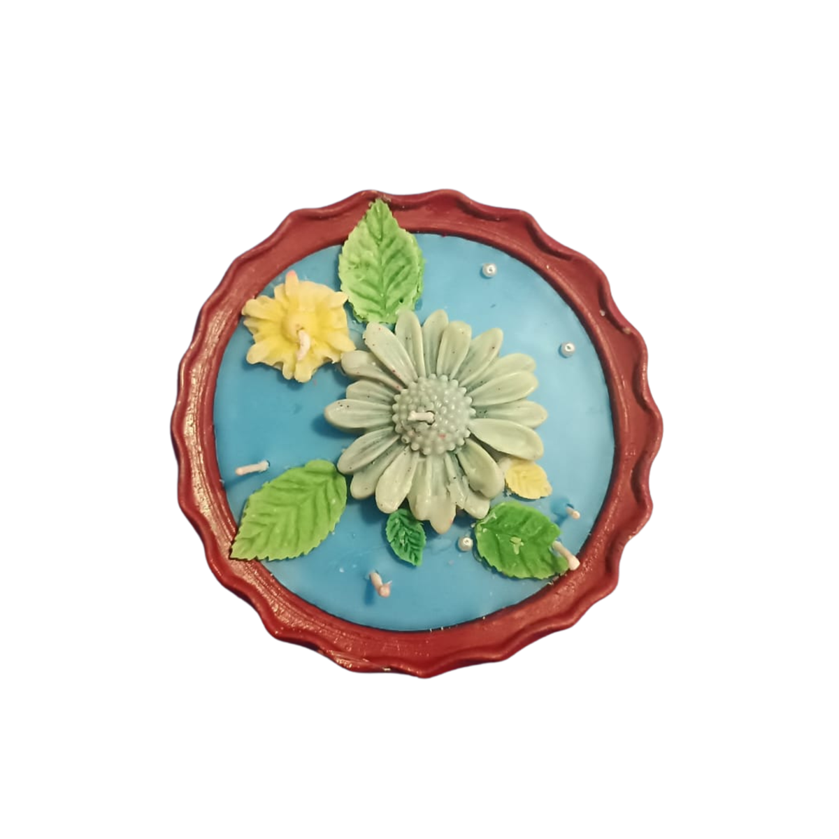 Saffron Shelf Terracotta 5 Inch Soy Wax Fragrance Candle, Cream Floral with Yellow Flowers & Green Leaves, Blue Decorative Base, Home Décor, Table Decoration, Diwali & Gifting, Pack of 1