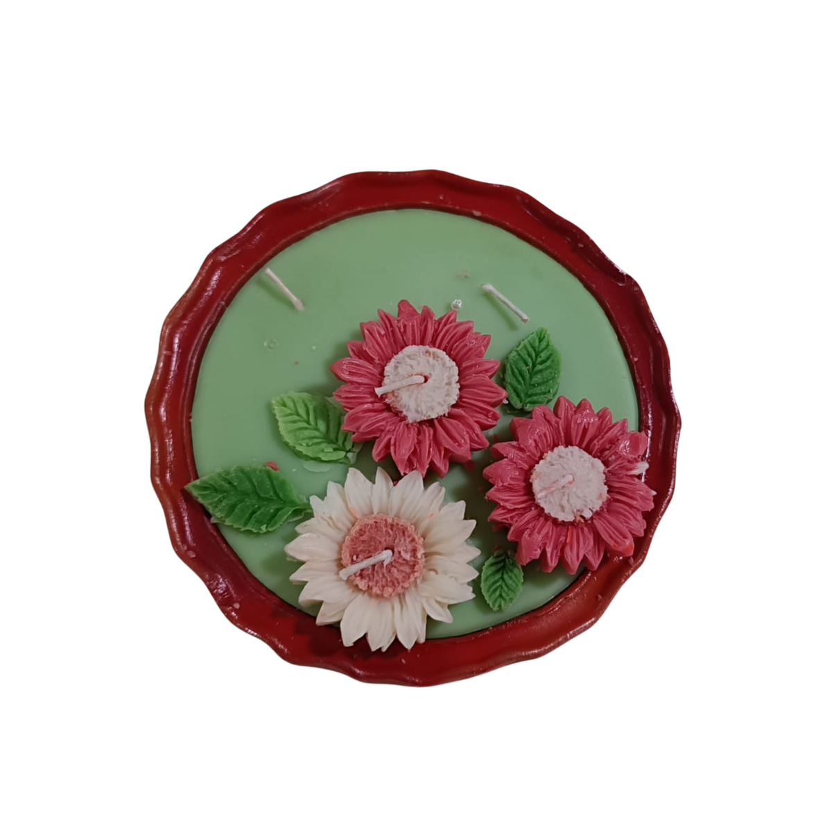 Saffron Shelf Terracotta 6 Inch Floral Decorative Scented Candle, Handcrafted Pink & Ivory Flower Design with Green Leaf Accents, Sage Green Soy Wax Candle for Home Décor, Table Decoration, Festive Celebrations & Gifting – Pack of 1