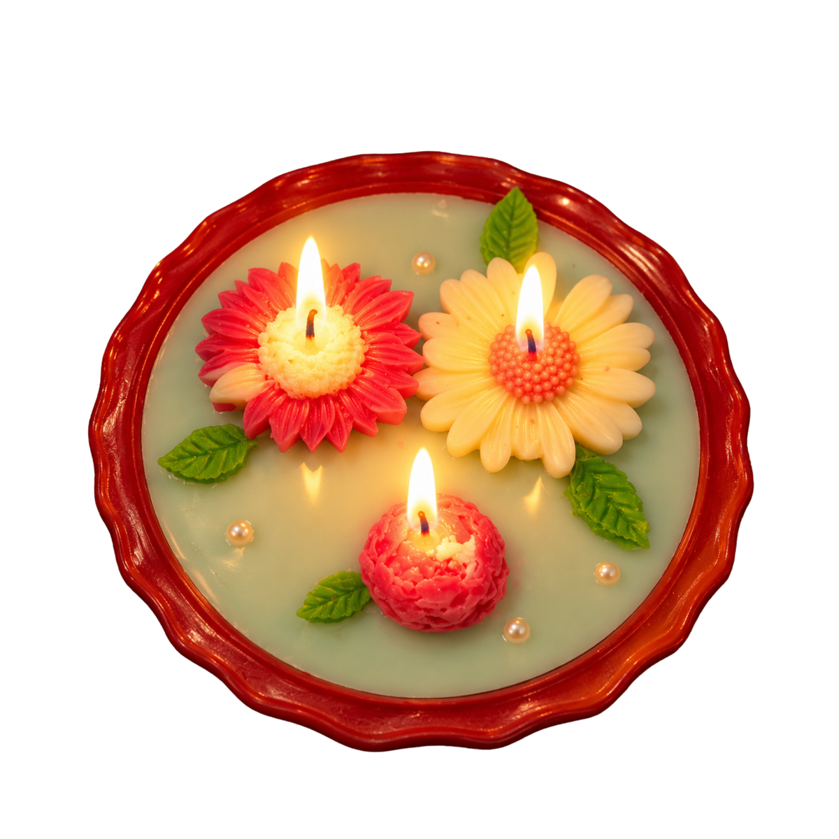 Saffron Shelf Terracotta 6 Inch Floral Decorative Scented Candle, Handcrafted Aqua Mint Green Candle with Pink & Cream Flower Design and Green Leaf Accents for Home Décor, Table Decoration, Festive Celebrations & Gifting – Pack of 1