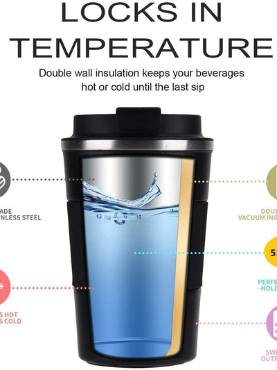 SAFFRONSHELF 500ml Vacuum Insulated Travel Mug, Double Wall Stainless Steel Coffee Flask with Leak-Proof Sipper Lid, BPA-Free Reusable Thermal Bottle, Keeps Drinks Hot 12H & Cold 24H, Black