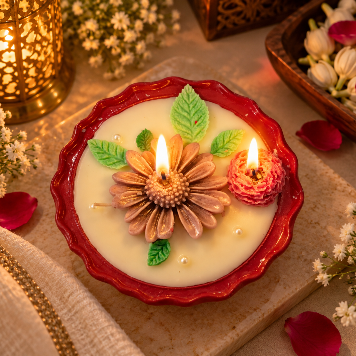 Saffron Shelf Terracotta 5 Inch Soy Wax Fragrance Candle, Mauve Brown Floral with Pink Rose & Green Leaves, Decorative Candle for Home Décor, Table Decoration, Diwali, Festive Celebrations & Gifting, Pack of 1