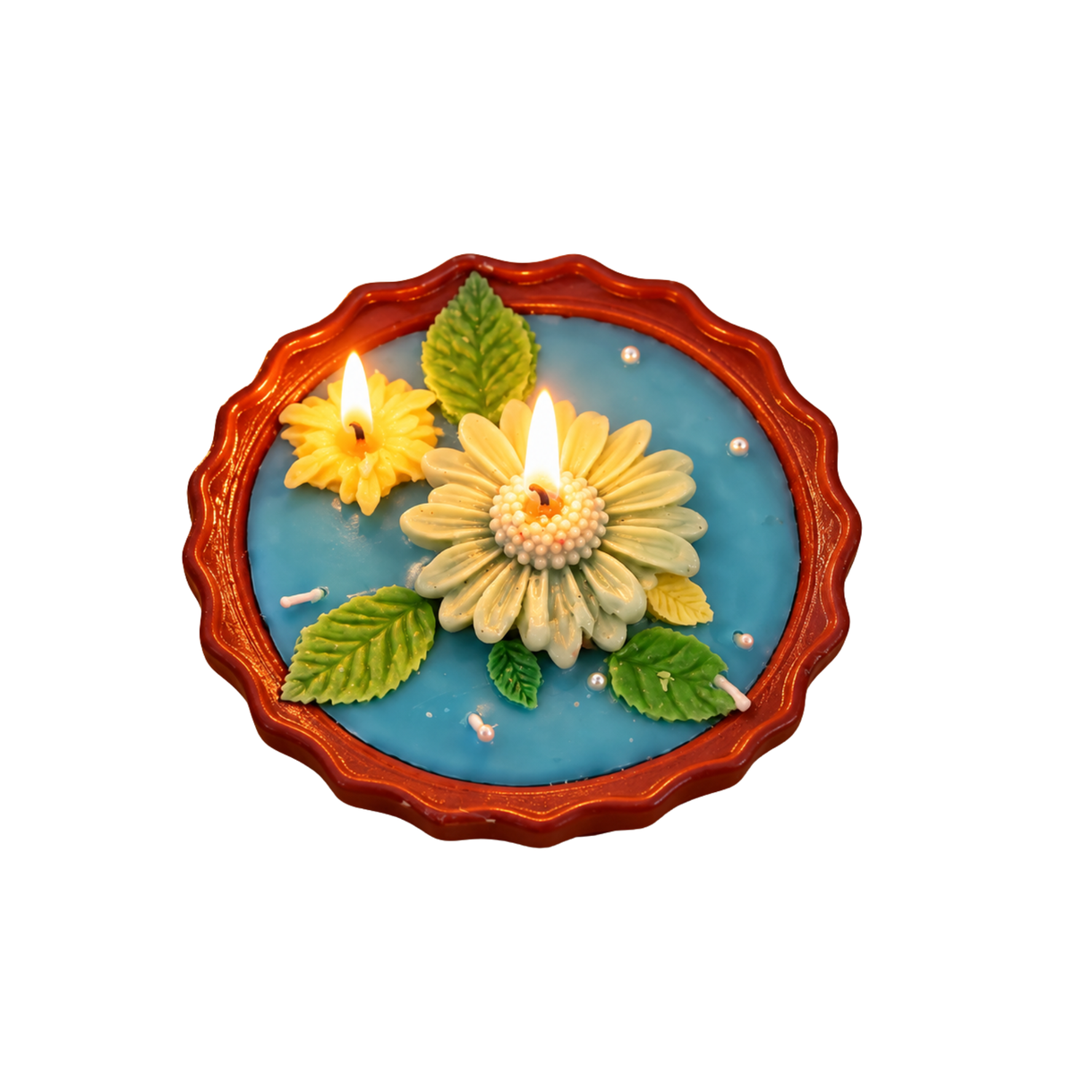 Saffron Shelf Terracotta 5 Inch Soy Wax Fragrance Candle, Cream Floral with Yellow Flowers & Green Leaves, Blue Decorative Base, Home Décor, Table Decoration, Diwali & Gifting, Pack of 1