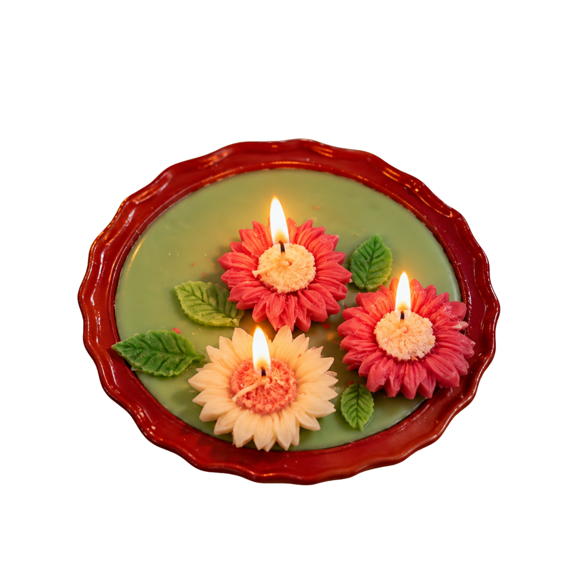 Saffron Shelf Terracotta 6 Inch Floral Decorative Scented Candle, Handcrafted Pink & Ivory Flower Design with Green Leaf Accents, Sage Green Soy Wax Candle for Home Décor, Table Decoration, Festive Celebrations & Gifting – Pack of 1
