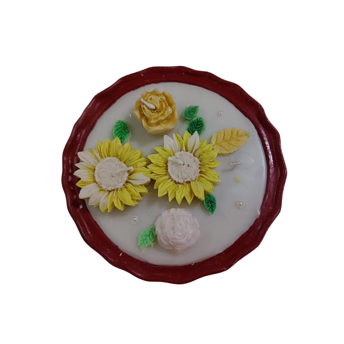 Saffron Shelf Terracotta 6 Inch Floral Decorative Scented Candle, Handcrafted Yellow & Ivory Flower Design with Green Leaf Accents, Off-White Soy Wax Candle for Home Décor, Table Decoration, Festive Celebrations & Gifting – Pack of 1