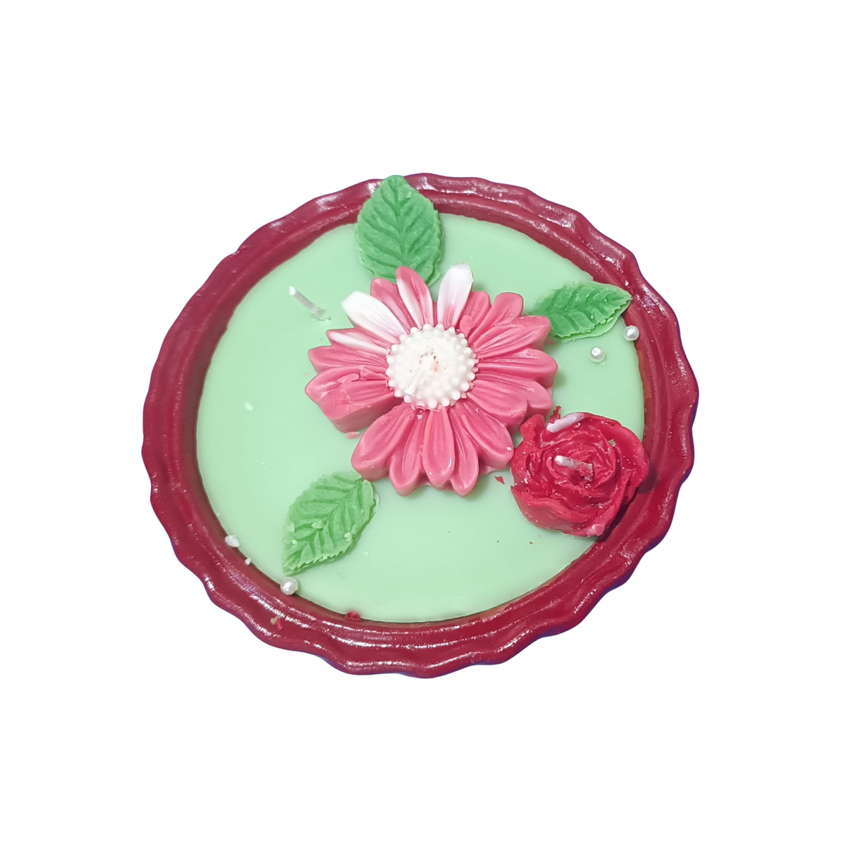 Saffron Shelf Terracotta 5 Inch Soy Wax Fragrance Candle, Pink & White Floral with Red Rose and Green Leaves, Decorative Candle for Home Décor, Table Decoration,