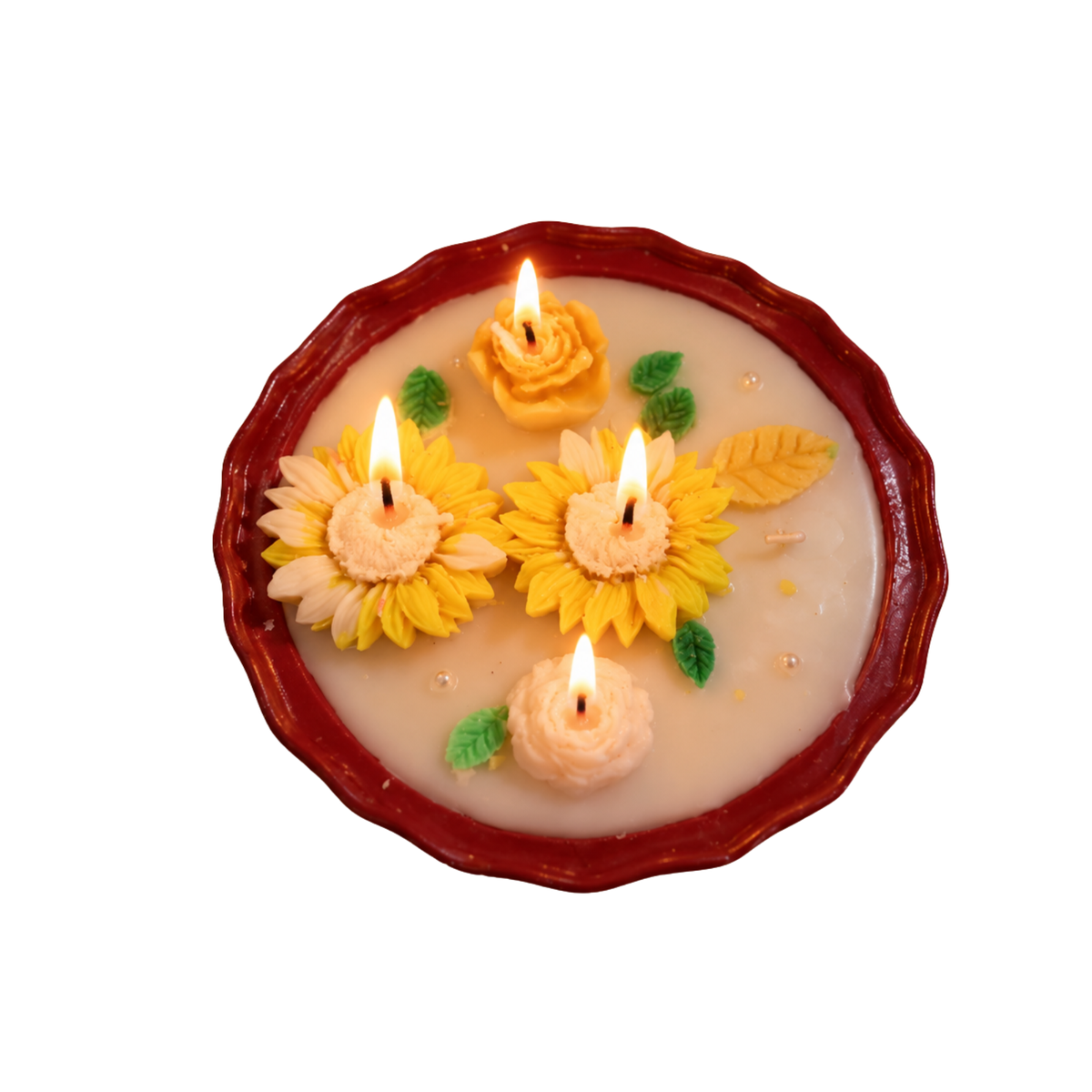 Saffron Shelf Terracotta 6 Inch Floral Decorative Scented Candle, Handcrafted Yellow & Ivory Flower Design with Green Leaf Accents, Off-White Soy Wax Candle for Home Décor, Table Decoration, Festive Celebrations & Gifting – Pack of 1