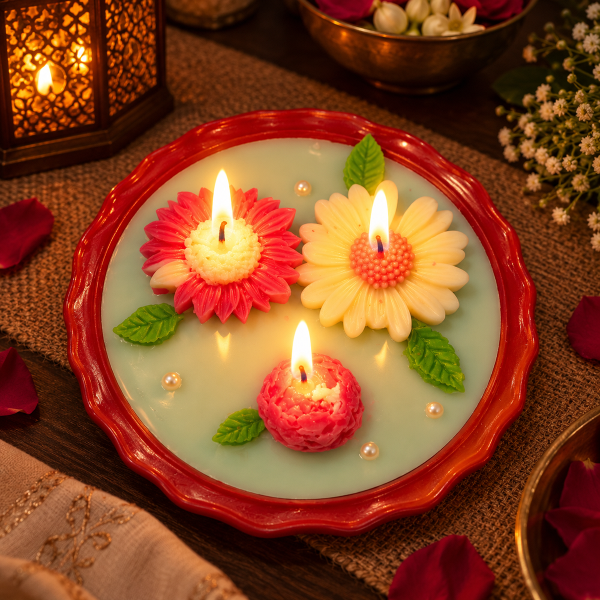 Saffron Shelf Terracotta 6 Inch Floral Decorative Scented Candle, Handcrafted Aqua Mint Green Candle with Pink & Cream Flower Design and Green Leaf Accents for Home Décor, Table Decoration, Festive Celebrations & Gifting – Pack of 1
