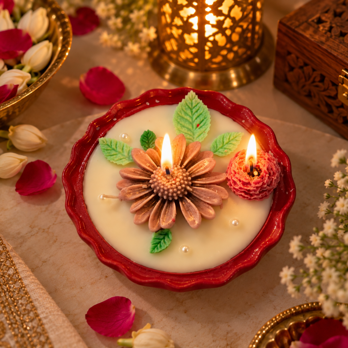 Saffron Shelf Terracotta 5 Inch Soy Wax Fragrance Candle, Mauve Brown Floral with Pink Rose & Green Leaves, Decorative Candle for Home Décor, Table Decoration, Diwali, Festive Celebrations & Gifting, Pack of 1