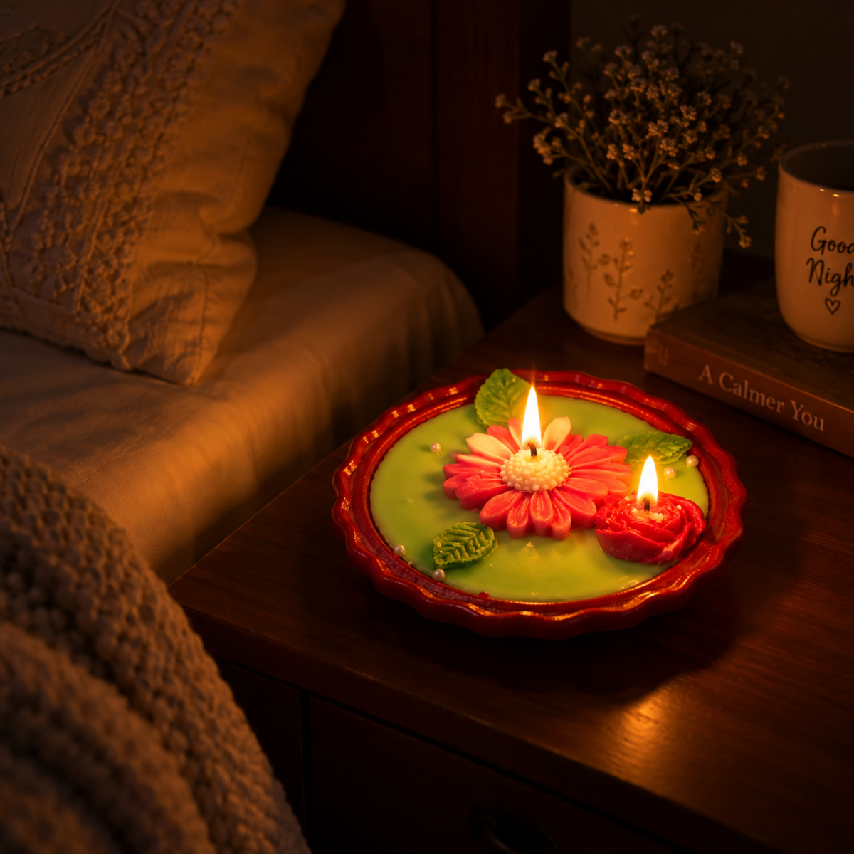 Saffron Shelf Terracotta 5 Inch Soy Wax Fragrance Candle, Pink & White Floral with Red Rose and Green Leaves, Decorative Candle for Home Décor, Table Decoration,