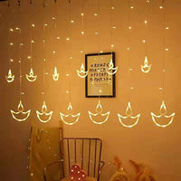 6+6 Warm White Diya Curtain String Lights with 12 Hanging Diyas | 8 Lighting Modes | LED Decorative Festival Lights for Diwali, Home, Balcony, Window & Mandir Decoration