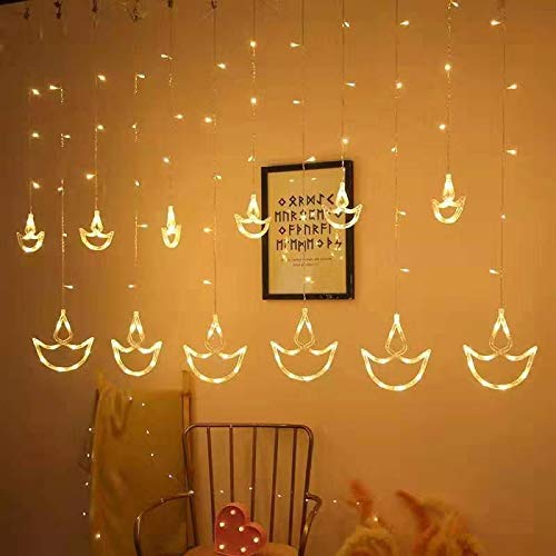 Saffron Shelf 6+6 Warm White Diya Curtain String Lights with 12 Hanging Diyas | 8 Lighting Modes | LED Decorative Festival Lights for Diwali, Home, Balcony, Window & Mandir Decoration