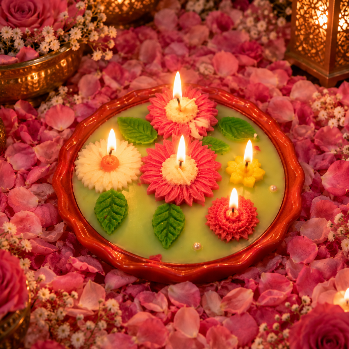 Saffron Shelf Terracotta Soy Wax Fragrance Candle, 6 Inch Floral Decorative Candle, Lime Green Handmade Candle with Multicolor Flower Design for Home Décor, Festive Décor & Gifting – Pack of 1