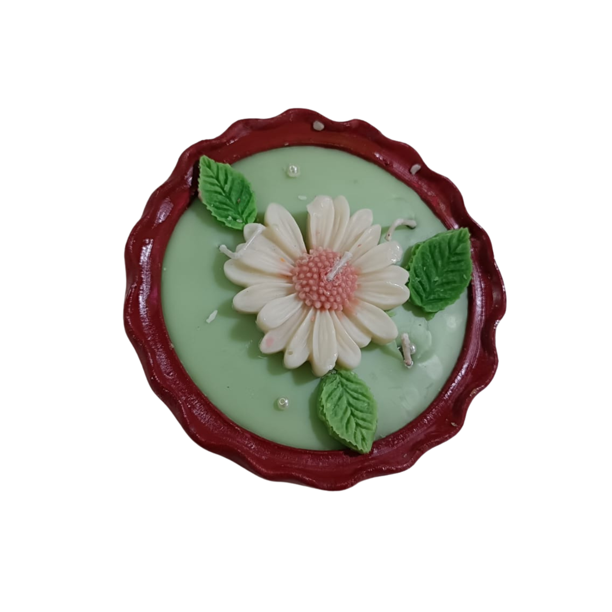Saffron Shelf Terracotta 5 Inch Soy Wax Fragrance Candle, White Floral & Green Leaf Decorative Candle, Mint Green Base, Home Décor, Table Decoration, Diwali & Gifting, Pack of 1