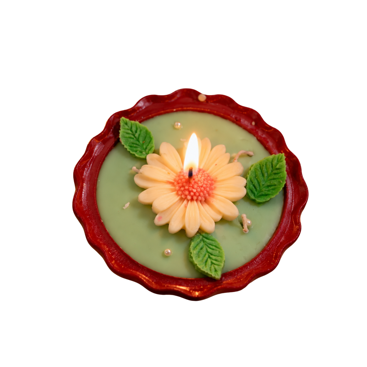 Saffron Shelf Terracotta 5 Inch Soy Wax Fragrance Candle, White Floral & Green Leaf Decorative Candle, Mint Green Base, Home Décor, Table Decoration, Diwali & Gifting, Pack of 1