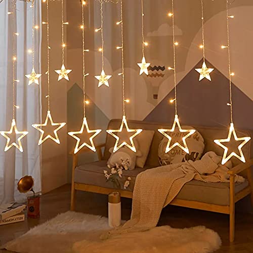 Saffron Shelf Plastic Decorative Star Curtain LED Lights for Diwali | 2.5 Meter Curtain String Lights with 138 LEDs (6+6 Stars) | 8 Lighting Modes | Warm White Hanging Lights for Home, Window, Balcony, Festival & Party Decoration