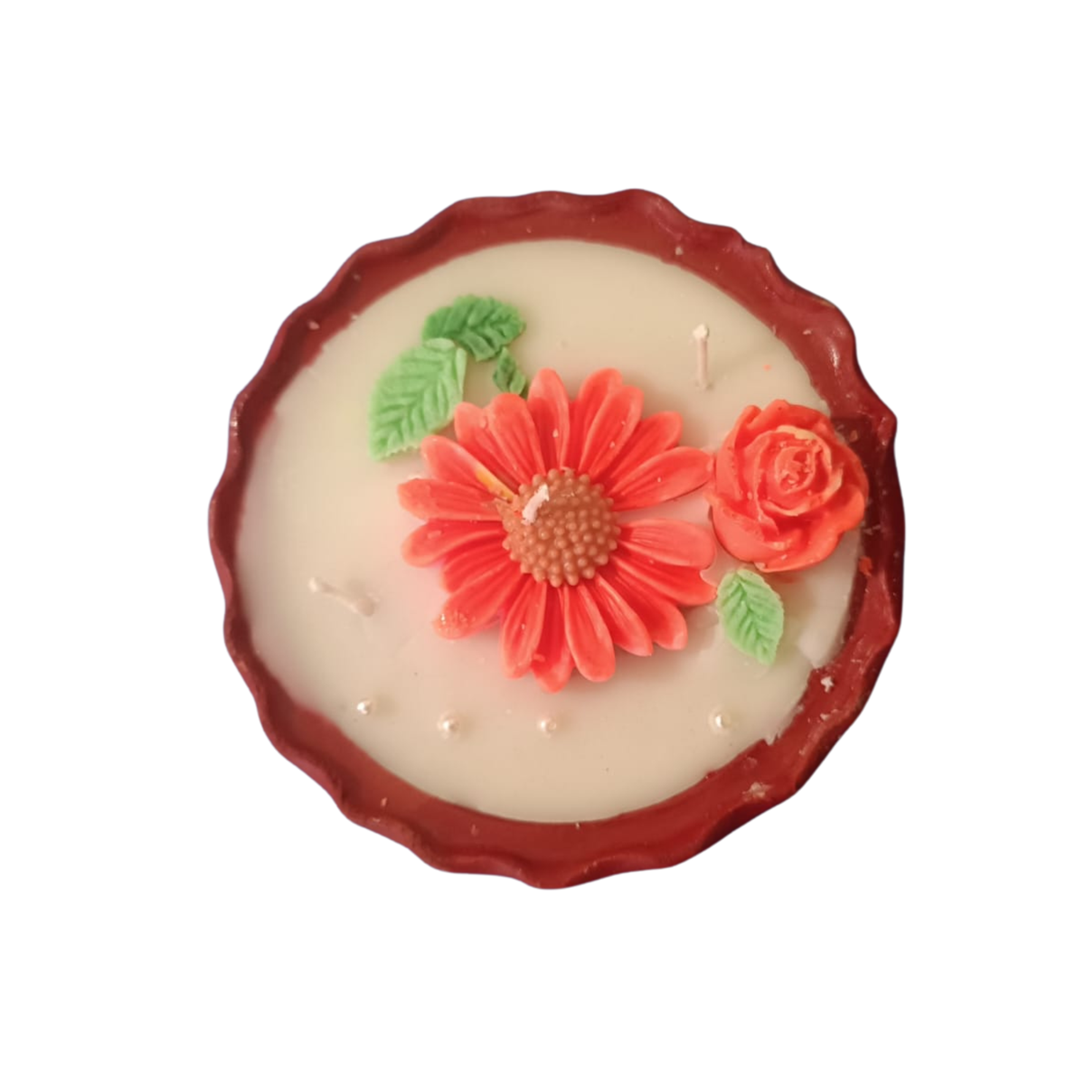 Saffron Shelf Terracotta 5 Inch Soy Wax Fragrance Candle, Coral Red Floral & Light Green Leaf Decorative Candle for Home Décor, Table Decoration, Diwali, Festive Celebrations & Gifting, Pack of 1