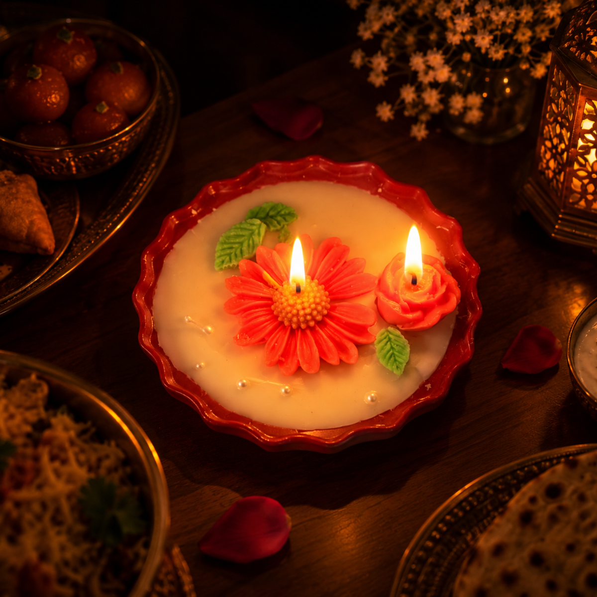 Saffron Shelf Terracotta 5 Inch Soy Wax Fragrance Candle, Coral Red Floral & Light Green Leaf Decorative Candle for Home Décor, Table Decoration, Diwali, Festive Celebrations & Gifting, Pack of 1