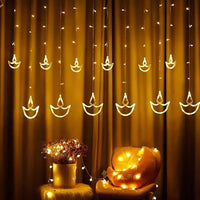 6+6 Warm White Diya Curtain String Lights with 12 Hanging Diyas | 8 Lighting Modes | LED Decorative Festival Lights for Diwali, Home, Balcony, Window & Mandir Decoration