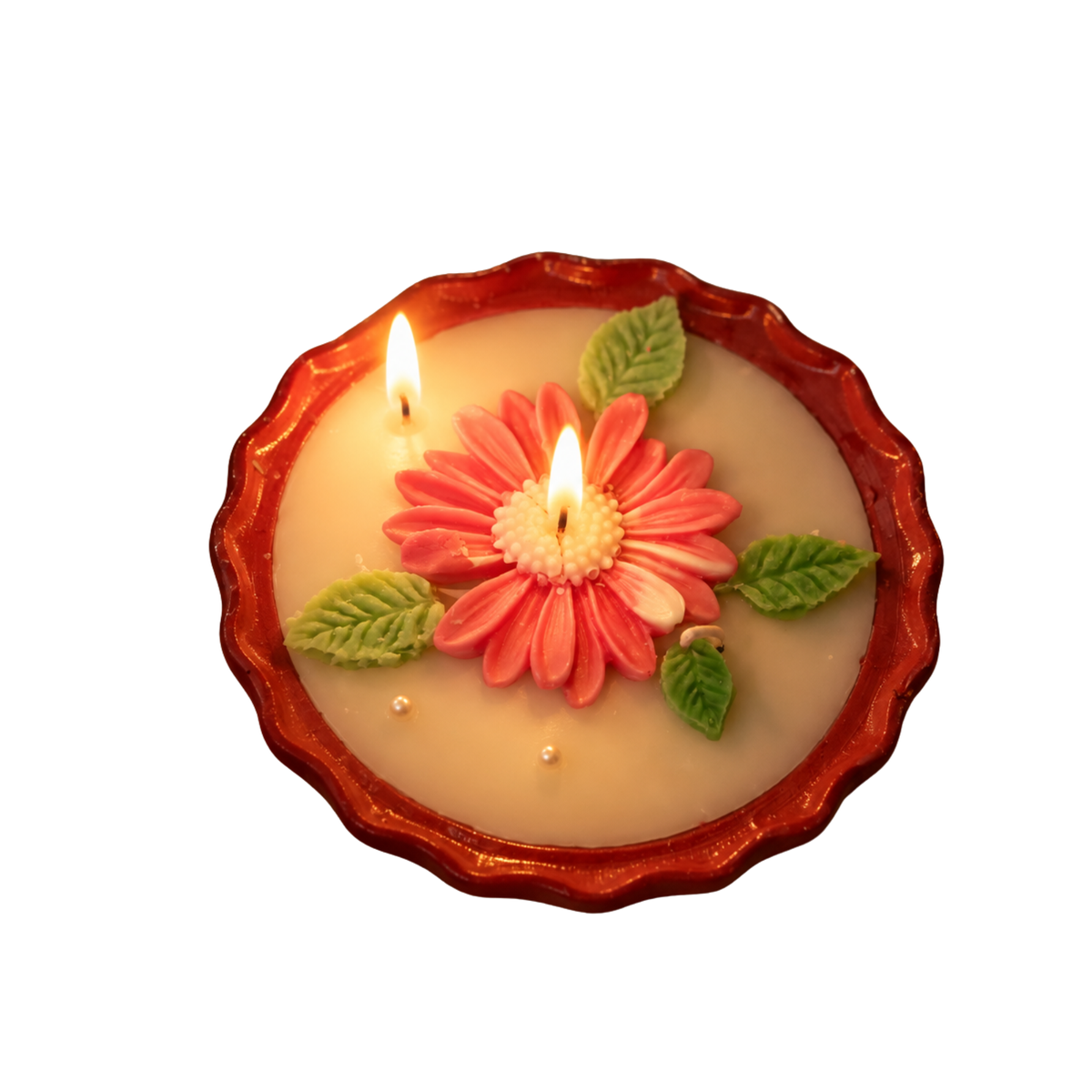 Saffron Shelf Terracotta 5 Inch Soy Wax Fragrance Candle, Pink & White Floral with Green Leaves, Decorative Candle for Home Décor, Table Decoration, Diwali, Festive Celebrations & Gifting, Pack of 1