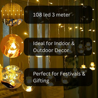 6+6 Wish Ball Curtain LED String Lights | 108 Warm White LEDs | 3M Decorative Fairy Lights with 8 Lighting Modes | Plug-in Home Décor Lights for Diwali, Christmas, Wedding, Party & Bedroom