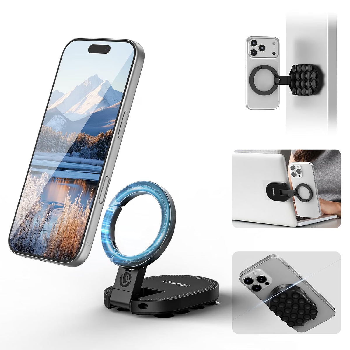 Saffron Shelf 3-in-1 Magnetic Phone Holder with Suction Cup & MagSafe | Car Phone Mount & Desktop Stand | 360° Rotating Universal Phone Holder