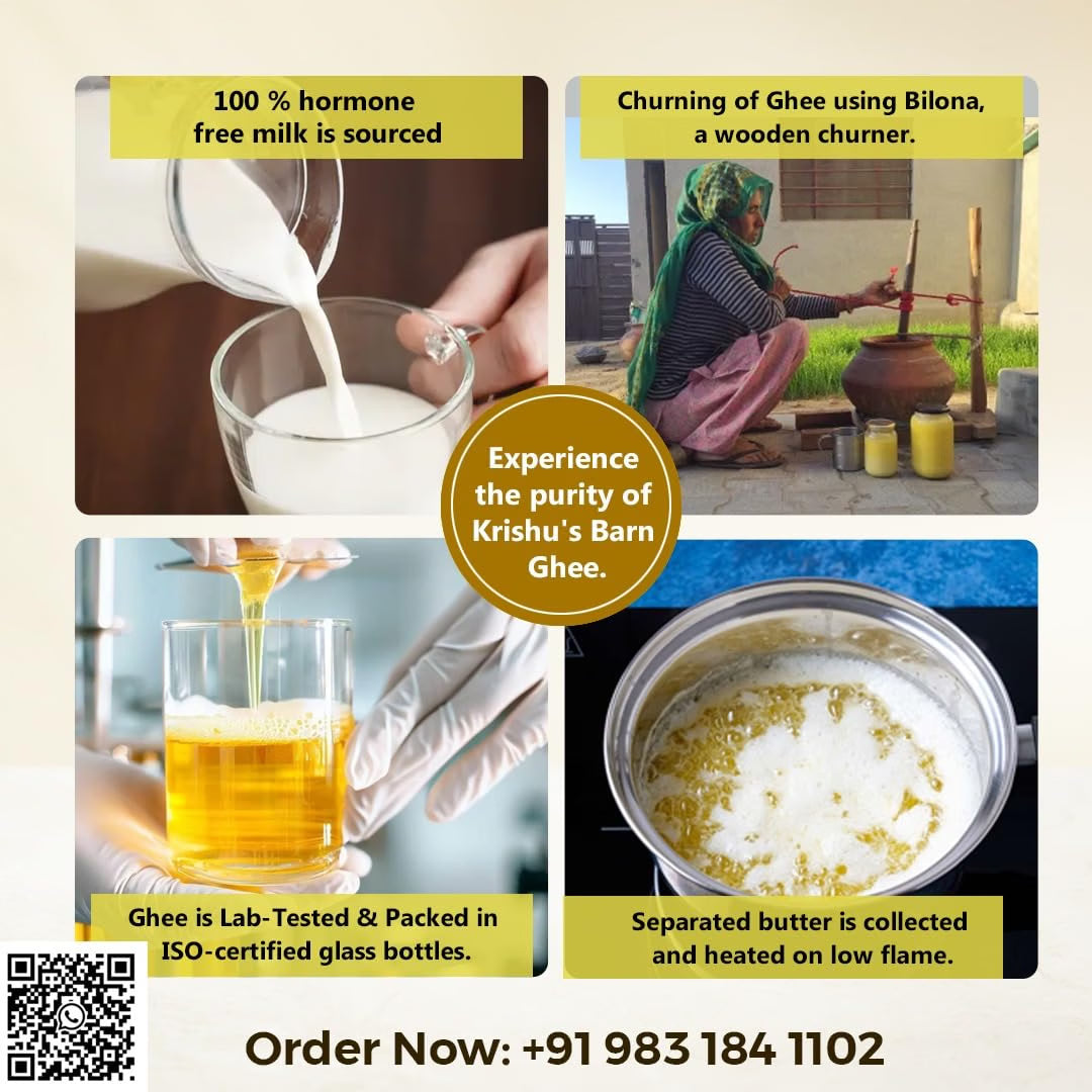 Saffron Shelf KrishSaffron Shelf Krishu’s Barn A2 Desi Cow Ghee | Traditional Bilona Method | Pure Cow Ghee for Cooking, Indian Recipes & Festive Preparations – 1 Litreu Barn's A2 Desi Cow Ghee ,Bilona method (1 Litre )