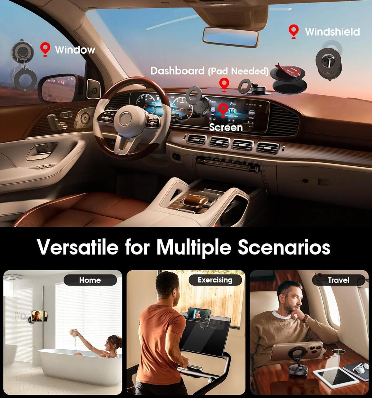 Saffron Shelf K007 Magnetic Car Phone Holder | 360° Rotating Vacuum Suction Mount for Smartphones