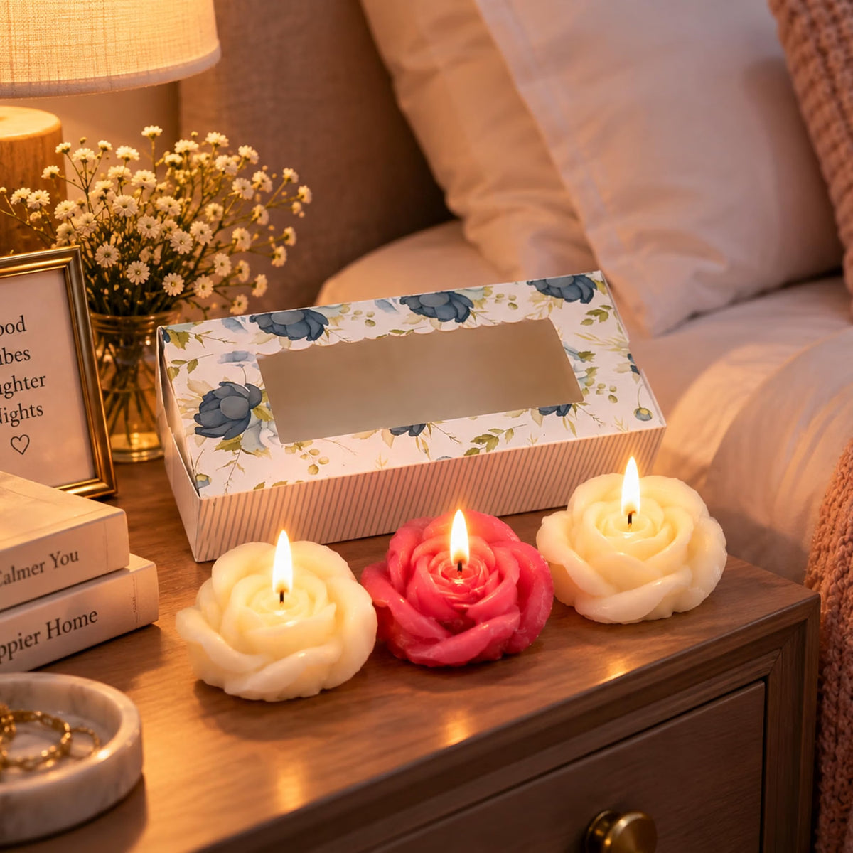 Saffron Shelf Soy Wax Rose Flower Shaped Floating Candles With Fragrance  – Pack of 3 ( 120gm)