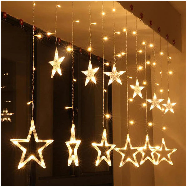 Plastic Decorative Star Curtain LED Lights for Diwali | 2.5 Meter Curtain String Lights with 138 LEDs (6+6 Stars) | 8 Lighting Modes | Warm White Hanging Lights for Home, Window, Balcony, Festival & Party Decoration