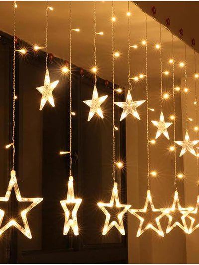 Plastic Decorative Star Curtain LED Lights for Diwali | 2.5 Meter Curtain String Lights with 138 LEDs (6+6 Stars) | 8 Lighting Modes | Warm White Hanging Lights for Home, Window, Balcony, Festival & Party Decoration