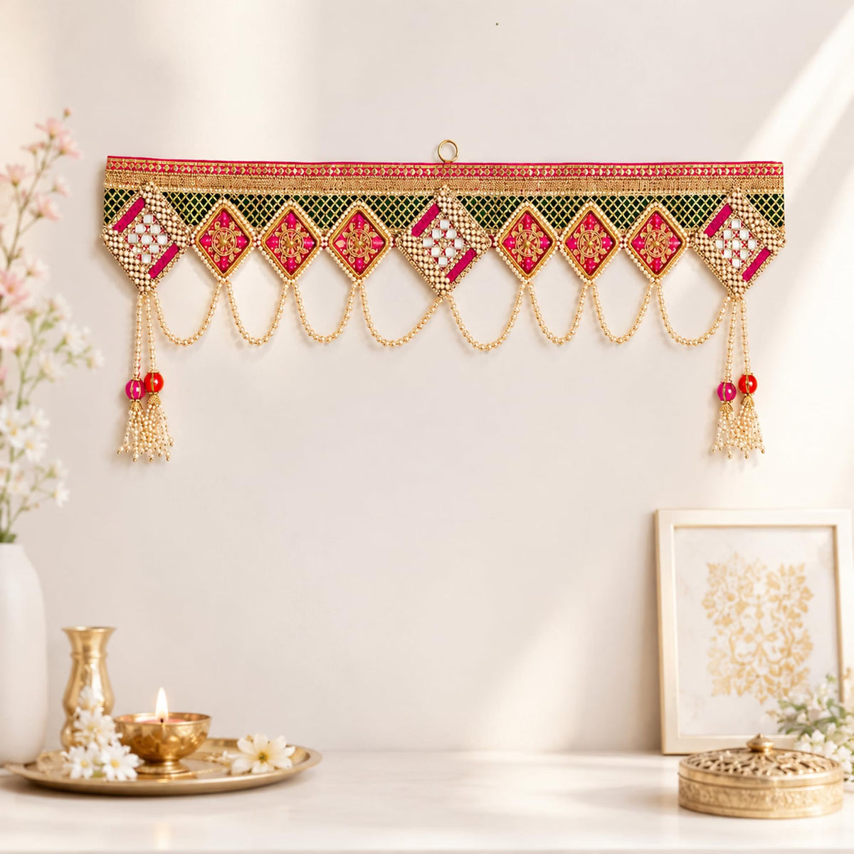 Saffron Shelf Green & Pink Designer Toran/Bandarwal | Decorative Door Hanging for Home, Office & Pooja Room | Festive Entrance & Wall Décor | 40 Inches | Pack of 1