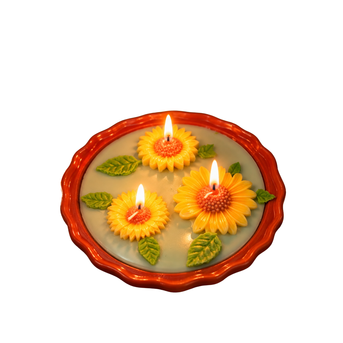 Saffron Shelf Terracotta 6 Inch Floral Decorative Scented Candle, Handcrafted Yellow Sunflower Design with Green Leaf Accents, Light Aqua Green Soy Wax Candle for Home Décor, Table Decoration, Festive Celebrations & Gifting – Pack of 1