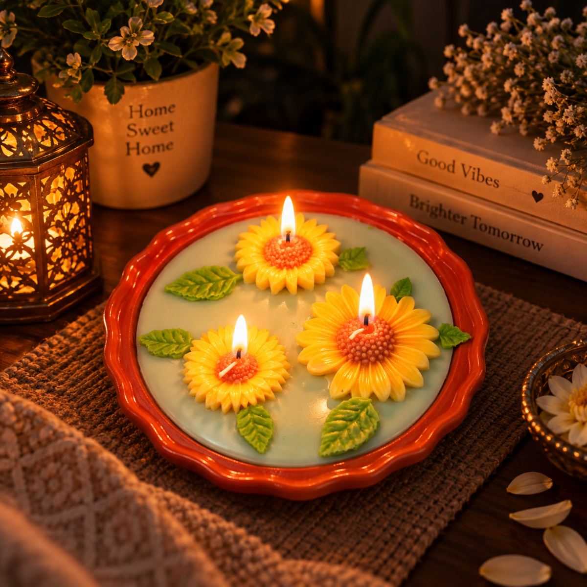 Saffron Shelf Terracotta 6 Inch Floral Decorative Scented Candle, Handcrafted Yellow Sunflower Design with Green Leaf Accents, Light Aqua Green Soy Wax Candle for Home Décor, Table Decoration, Festive Celebrations & Gifting – Pack of 1