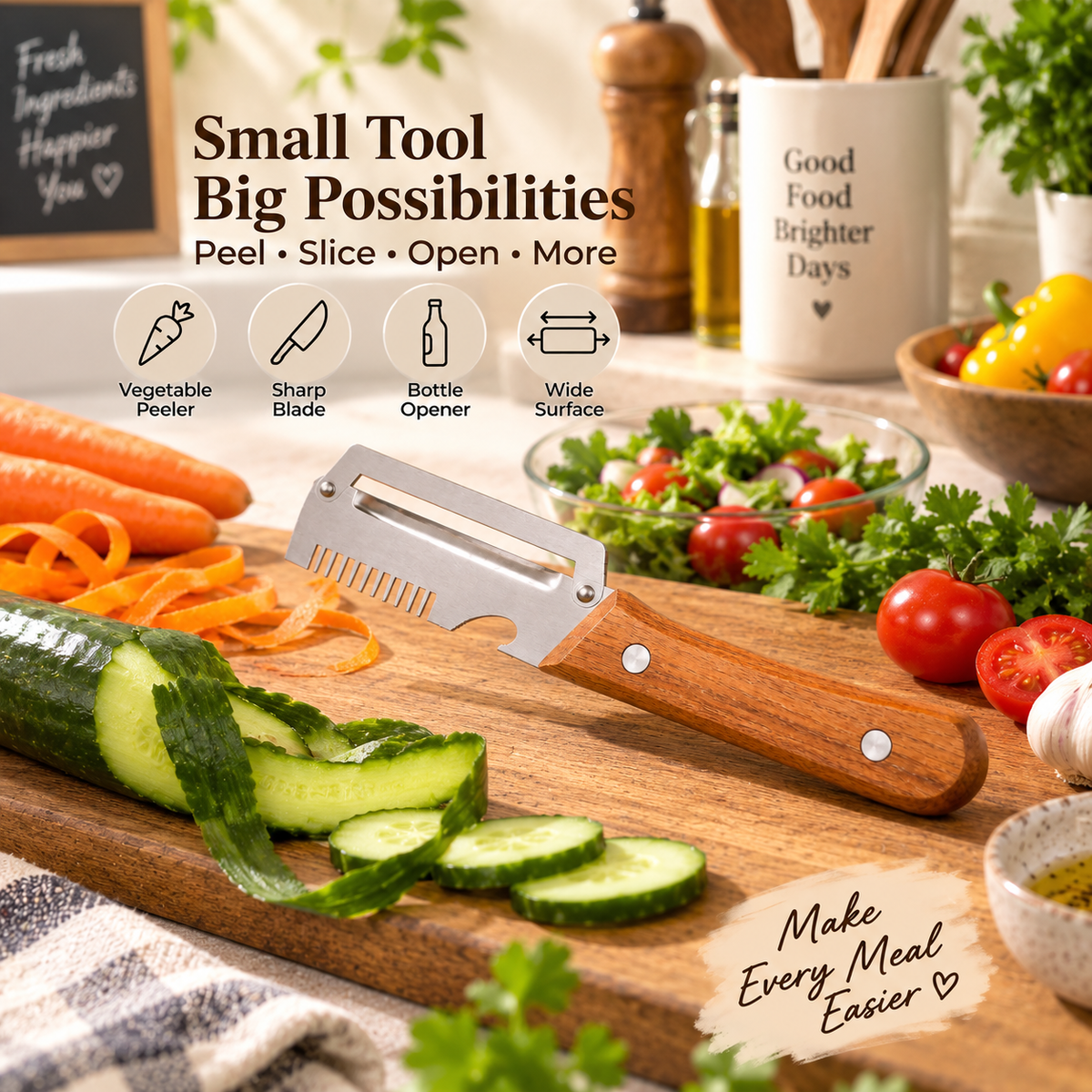 Saffron Shelf Multi-Purpose Stainless Steel Kitchen Tool with Wooden Handle | Vegetable Peeler, Slicer, Grater & Bottle Opener | Manual Kitchen Gadget for Fruits & Vegetables | Pack of 1