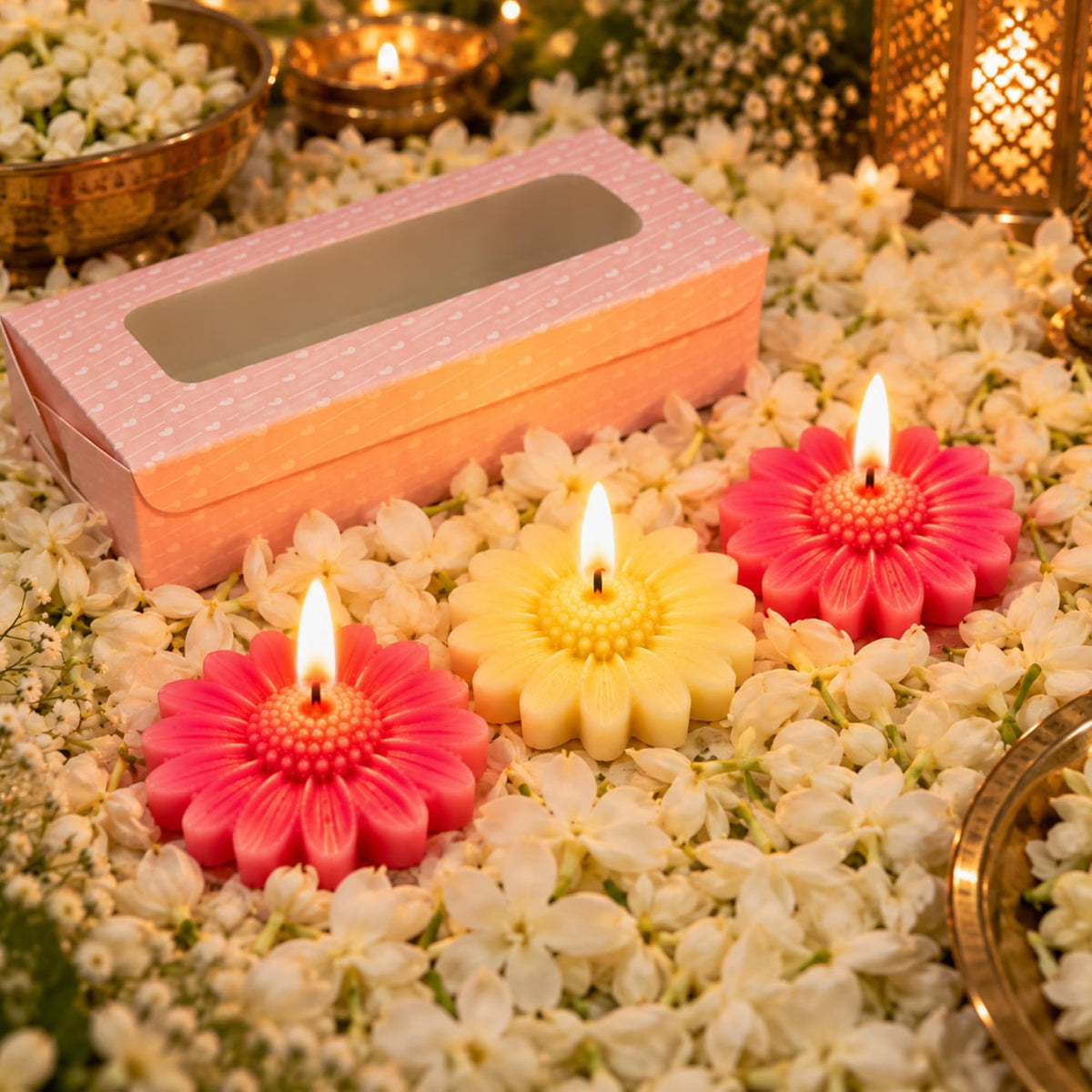 Saffron Shelf Soy Wax Flower Shaped Floating Decorative Candles With Fragrance , Red Yellow & Coral Floral Candles, Pack of 3, 100 g