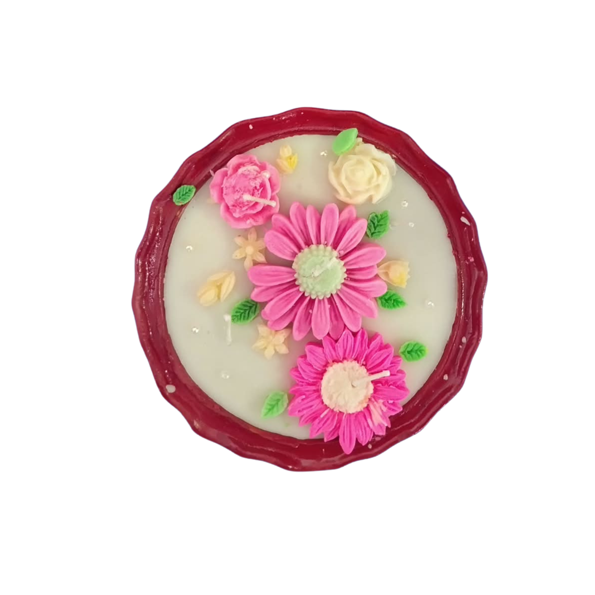 Saffron Shelf Terracotta 6 Inch Floral Decorative Scented Candle, Handcrafted Pink Flower & Rose Design with Green Leaf Accents, Cream Ivory Soy Wax Candle for Home Décor, Table Decoration, Festive Celebrations & Gifting – Pack of 1