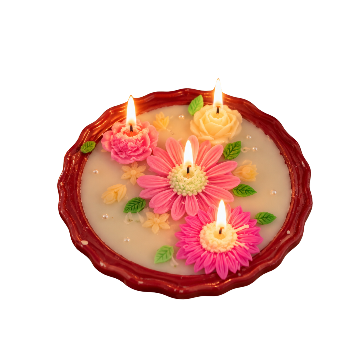 Saffron Shelf Terracotta 6 Inch Floral Decorative Scented Candle, Handcrafted Pink Flower & Rose Design with Green Leaf Accents, Cream Ivory Soy Wax Candle for Home Décor, Table Decoration, Festive Celebrations & Gifting – Pack of 1