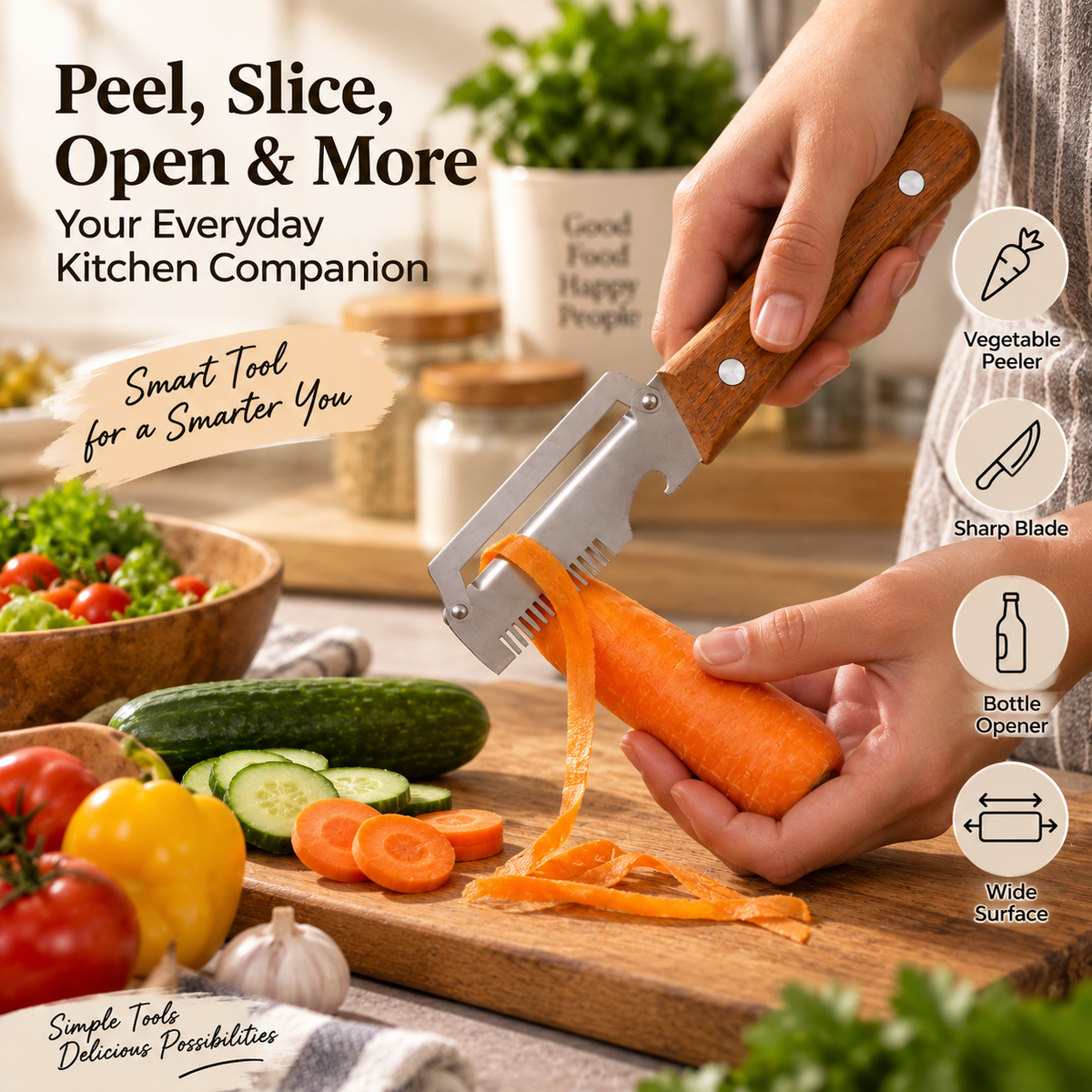 Saffron Shelf Multi-Purpose Stainless Steel Kitchen Tool with Wooden Handle | Vegetable Peeler, Slicer, Grater & Bottle Opener | Manual Kitchen Gadget for Fruits & Vegetables | Pack of 1