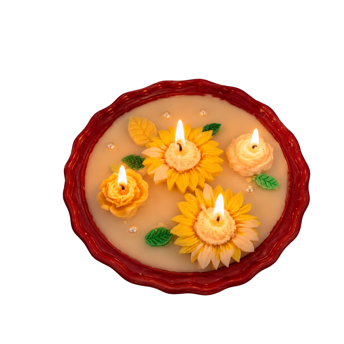 Saffron Shelf Terracotta 6 Inch Floral Decorative Scented Candle, Handcrafted Yellow Sunflower & Rose Design with Green Leaf Accents, Ivory Soy Wax Candle for Home Décor, Table Decoration, Festive Celebrations & Gifting – Pack of 1